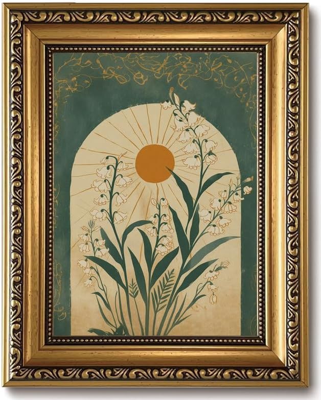 Lily of the Valley Gold Framed Wall Art Vintage Wall Decor Sun Arch Art | Moody Botanical Pictures Canvas Boho Emerald Green Small Framed Prints Artwork for Entryway Shelf Bedside Tables Gallery Wall
