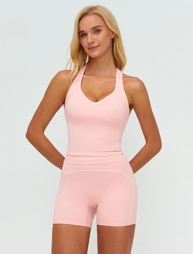 QBGJTD Two Piece Workout Sets for Women Color Block Racerback Tank Tops and High Waist Shorts Gym Yoga Outfits
