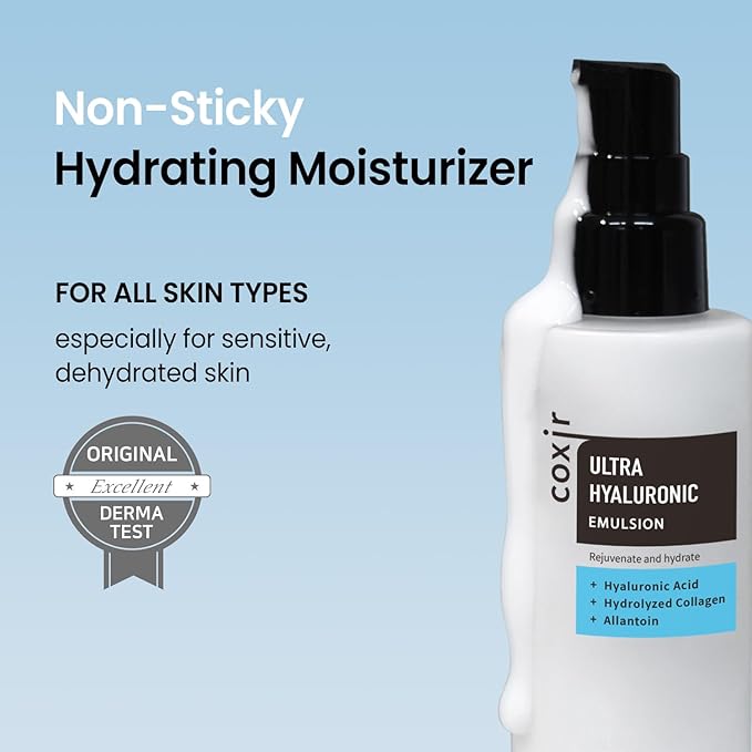coxir ULTRA HYALURONIC EMULSION lLong-lasting Hydration Facial Moisturizer for Sensitive,Dry, Dehydrated Skin l Lightweight texture with Hyaluronic Acid, Collagen, korean skincare[3.38 fl.oz]