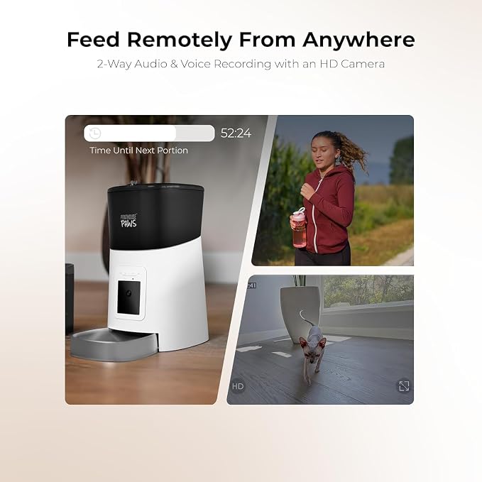 Smart HD Pet Feeder, 6L, White/Stainless Steel | 1080p Camera, 2-Way Audio, Voice Recording, Night Vision, Scheduled Meals, Backup Power, Easy to Clean, Anti-Jam Design