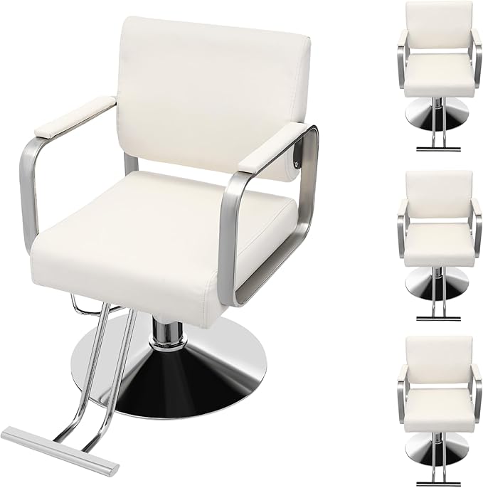 Salon Chair for Hair Stylist, Hydraulic Barber Chair with 360° Swivel, Height Adjustable Styling Chair for Barbershop, Beauty Salon, Tattoo & Spa Equipment, Off-White and Silver, 4Pcs