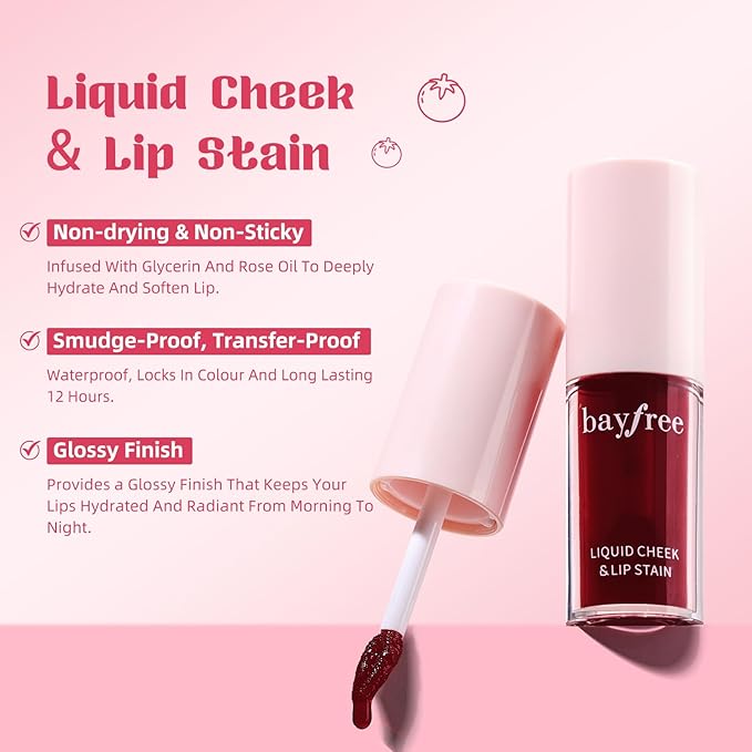 bayfree Liquid Cheek & Lip Stain, Korean Lip Tint with Moisturizing & Weightless, Non-Sticky, Long-Lasting, Kiss-proof, All Long-wearing, Vegan Makeup (Rose Cherry)
