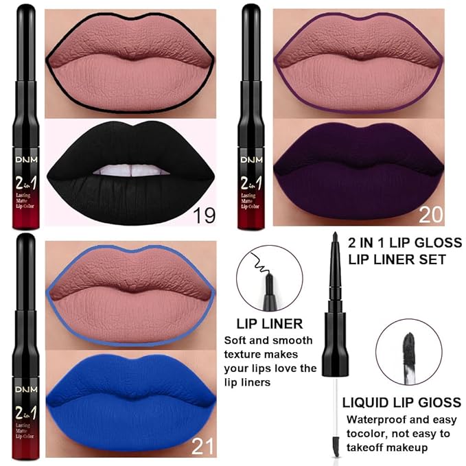 evpct 3Pcs Dark Black Purple Royal Blue Matte Lip Liner and Liquid Lipstick Lip Stain Makeup Set Smudge Proof, 24 Hours Original Long Lasting Matte Lipstick Waterproof labial mate larga duracion 24