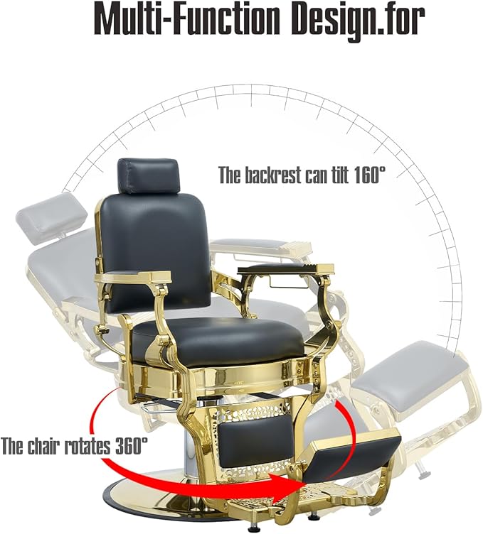 FRNIMAC Heavy Duty Barber Chair, All Purpose Vintage Style Mens Barber Chair Hydraulic Recline Salon Chair Barbershop Equipment for Beauty Spa Tatoo Massage, Golden and Black