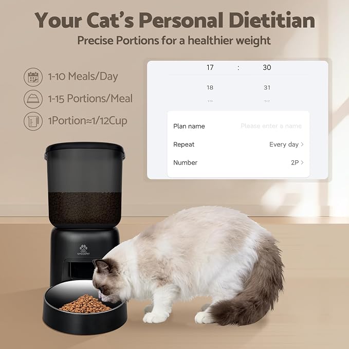 Automatic Cat Feeder, 5G WiFi Auto Cat Food Dispenser with Desiccant Bag, 5L Timed Pet Feeder with Free APP Service, Adjustable Portions Down to 1/12 Cup, Up to 10 Meals Per Day, Dual Power Supply