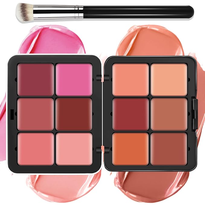 12 Colors Cream [Blush] Makeup Palette for Cheeks - All in One Blush Makeup Palette Kit with Brush, Natural Matte Long Wearing, Waterproof Blendable Face Make Up Pallete (#01)