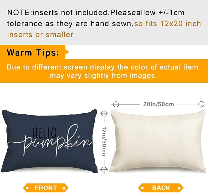 RABUSOFA Fall Pillow Covers 12x20 Inch Dark Blue Thanksgiving Autumn Hello Pumpkin Quote Lumbar Harvest Outdoor Cushion Cases Seasonal Fall Decorations for Home Couch