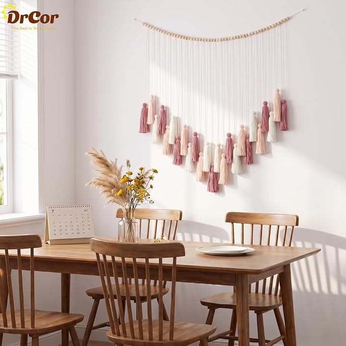 DrCor Blush Pink Tassel Garland – Boho Nursery Decor | Macrame wall hanging for baby girl nursery, toddler room. Rose gold boho decor.