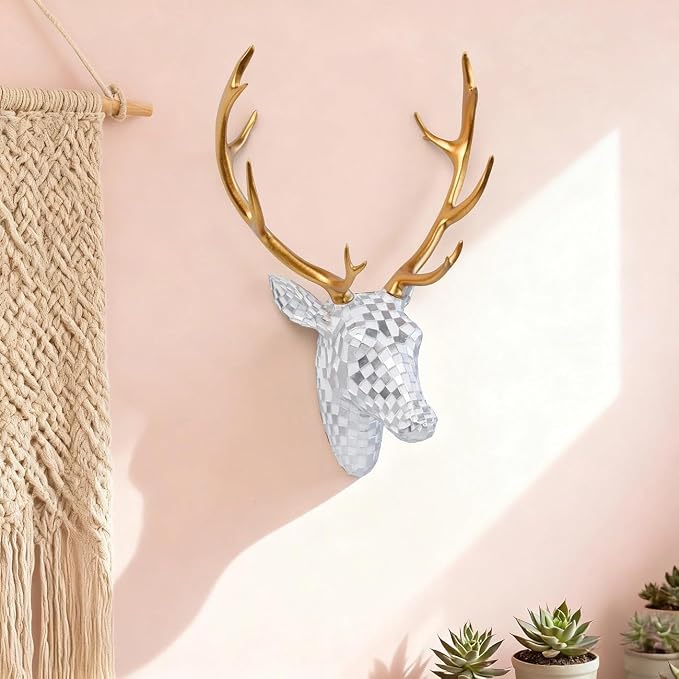 GIGICICI Mosaic Deer Head Wall Decor 15.7x8.7 Inch, Artistic Faux Resin Animal Head Wall Sculpture Hanging for Living Room Bedroom Kitchen Office, White-Silver Gift