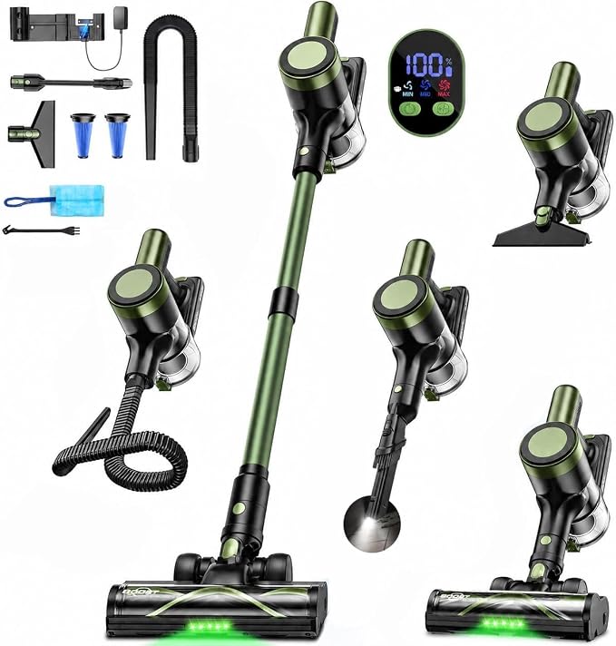 Cordless Vacuum Cleaner, 58KPa/60Mins 10 in 1 Self-Standing Stick Vacuum | 29-inch Hose and LED Lighting Brush, Anti-Tangle Brush &3 Suction Modes, Quiet Vacuum Cleaner for Home, Pet Hair/Carpet/Floor