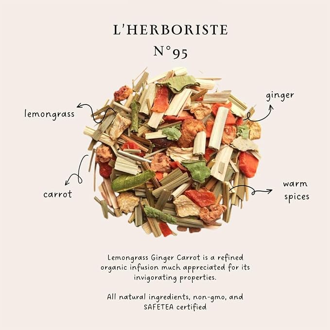 Palais des Thés Caffeine-Free Tea - L'Herboriste N∞95 Organic Energy Herbal Blend with Lemongrass, Ginger & Carrot - Premium Tea Bags, Serves 20 Cups