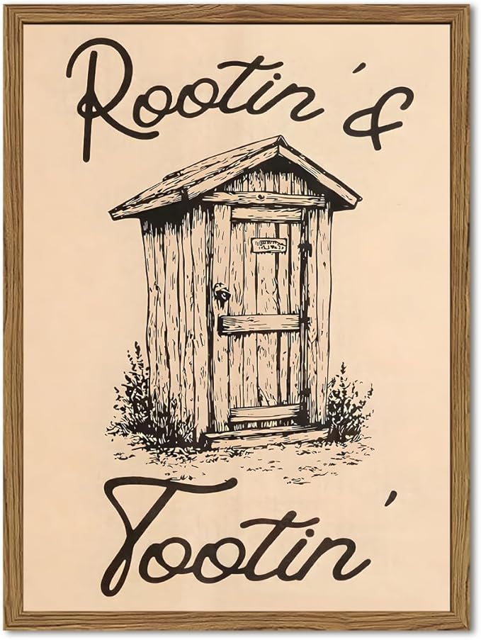 Cute Western Bathroom Wall Art Vintage Southwest Rustic Restroom Wall Decor Painting, Western Cowboy Ranch Toilet Rootin Tootin Poster Canvas Print Picture 16x24 inch Wood Framed