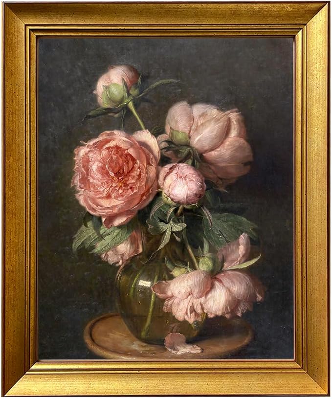 Gold Framed Pink Peonies Flower Oil Painting on Canvas Vintage Dark Floral Wall Art Farmhouse Picture Wall Decor Moody Canvas Print for Living Room Bedroom Bathroom Decor