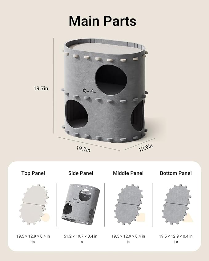 DownyPaws Cat House for Indoor Cats, 2-Storey Cat Bed Cave, Light Gray | Cat Hideaway Enclosed Bed,Cave Hideout Fort, Kitten Houses for Large Cats,Hide Box Bed Multicats Scratch Resistant