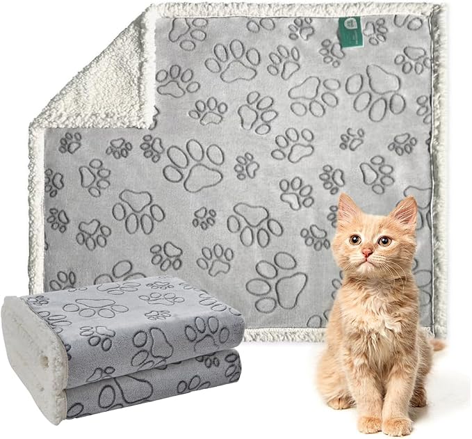 Dog & Cat Blankets - Waterproof Washable - Sherpa, Plus Plush Reversible, 25"X30", Grey Paw Print