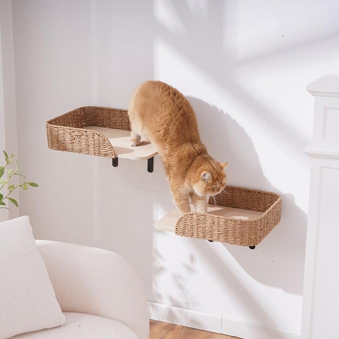 SHENGOCASE Modern Wall Mounted Cat Bed Perch with Handwoven Guardrail, 2-Pack, Wooden Shelves with Washable Pillow Cushions, Wall Furniture Set
