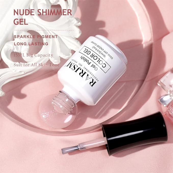 RARJSM Nude Pink Glitter Gel Polish Sparkle Jelly Pink Gold Shimmer Pigment Gel Nail Polish Sheer Transparent Neutral Color Skin Tone 15ml Natural Soak off UV LED Cured for Home Salon DIY Nail Art