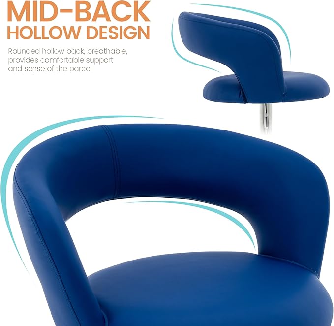 Brage Living Wide Bar Stool, Modern PU Leather Swivel Adjustable Barstool with Hollow Back and Arms, Upholstered Airlift Counter Height Bar Chair for Kitchen Dining (Blue, Chrome Base)