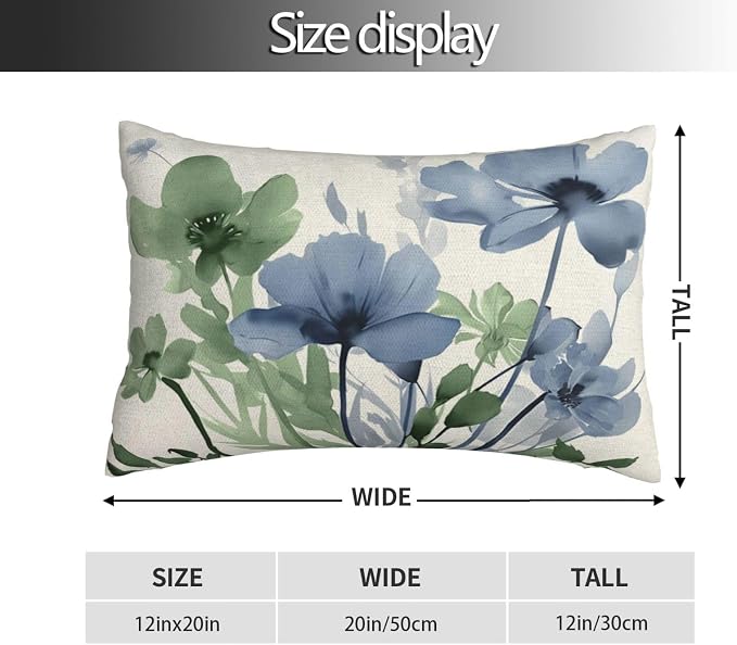 Spring Floral Pillow Covers 12x20 Inch Set of 2 Green Blue Floral Throw Pillow Covers Outdoor Rustic Summer Flower Decoration Pillowcase Farmhouse Decorative Lumbar Cushion Cover For Couch Sofa