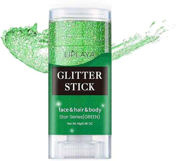 Green Body Glitter Stick, Sparkling Holographic Sequins Neon Outfit Singer Concert Music Party Rave Christmas Accessories Hair and Body Glitter Gel Makeup.