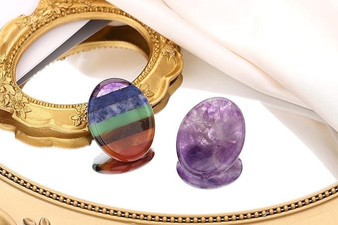 QINJIEJIE Thumb Worry Stones for Anxiety Amethyst Chakra Crystals Healing Stones Oval Palm Pocket Worry Stone Reiki Meditation Crystal Anxiety Gift Stocking Stuffers for Women 2PCS