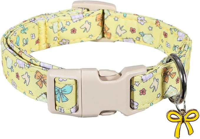 Cute Dog Collar with Yellow Bow Pattern, Girl Dog Collar for Small Dogs, Adjustable Spring/Summer Puppy Collar Made of Soft Fabric and Quick Release Buckle, S