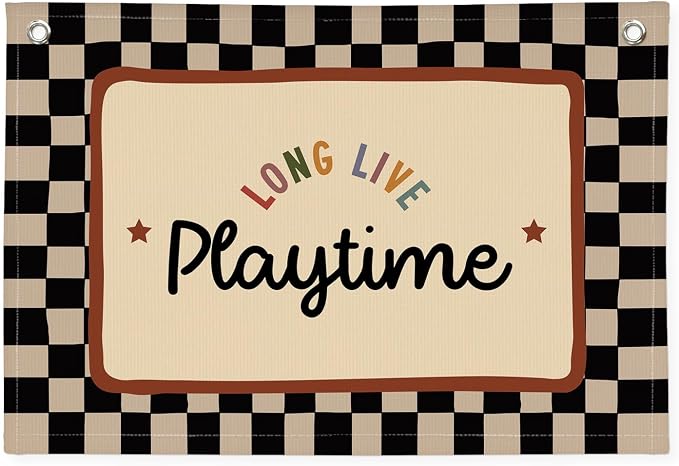 XYDEG Playroom Wall Decor, Black and White Checkered Toddler Playroom Decor Hanging Linen Banner,Play Room Wall Art for Nursery Kids Boy Girl Room Bedroom, 30x20 Inch