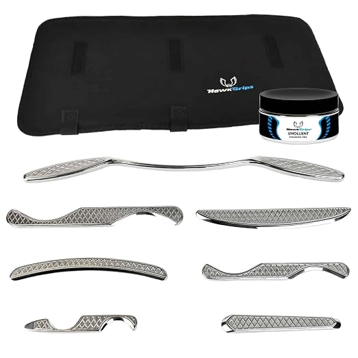 HawkGrips, Gold Massage Therapy Set with Massage Emollient Cream 8oz, Stainless Steel, Includes a Medium Handlebar, Roll-Up Carrying Case, All Six Small IASTM Tools (HG4-HG9), and Digital User Manual