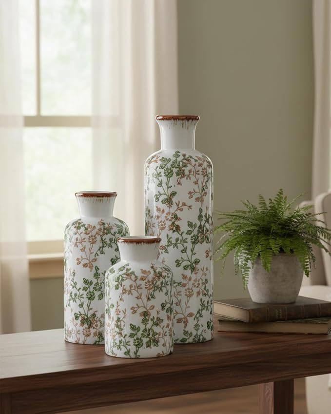 Brown and Green Ceramic Vase Set of 3, Vintage Botanical Vases for Decor | Crackle glaze and distressed rims for Tuscan living rooms, mantels and dining table centerpieces
