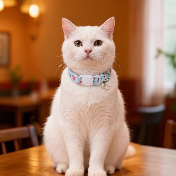 Cat Collars for Girl Cats & Boys, 2 Pack Soft Cotton Breakaway Collar with Removable Bell and Cute Charms, Adjustable Safety Pet Necklace, Ocean