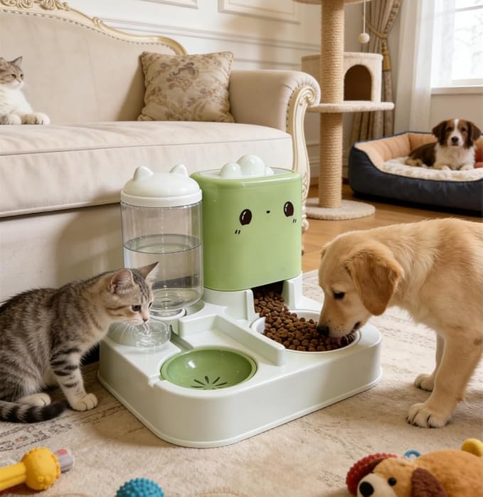 Pet Automatic Feeder Cat Dog Feeding Bowl Food Water Dispenser with Refillable Storage Container Large Capacity Rabbit Feeder Watering Bowls (Green)