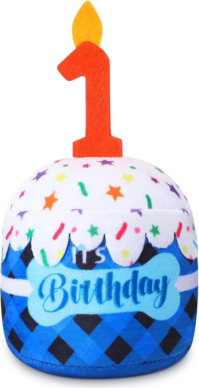 Dansydaisy Dog Birthday Cake Toy Squeaky Plush Gift,1st,Blue Grid