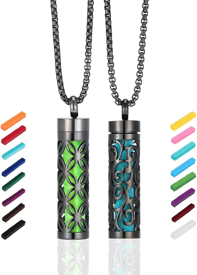 PH PandaHall Essential Oil Diffuser Necklace 2 Styles Black Aromatherapy Necklaces Stainless Steel Locket Pendant with 20pcs Refill Pads Perfume Bottle Necklace for Women Men Birthday Jewelry Gifts