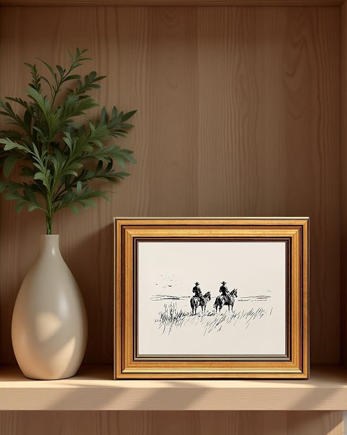 Western Cowboy Gold Framed Wall Art Minimalist Sketch Wall Decor Art | Vintage Horse Landscape Pictures Canvas Art Modern Southwest Small Framed Prints Artwork For Bookshelf Bedside Tables Foyer