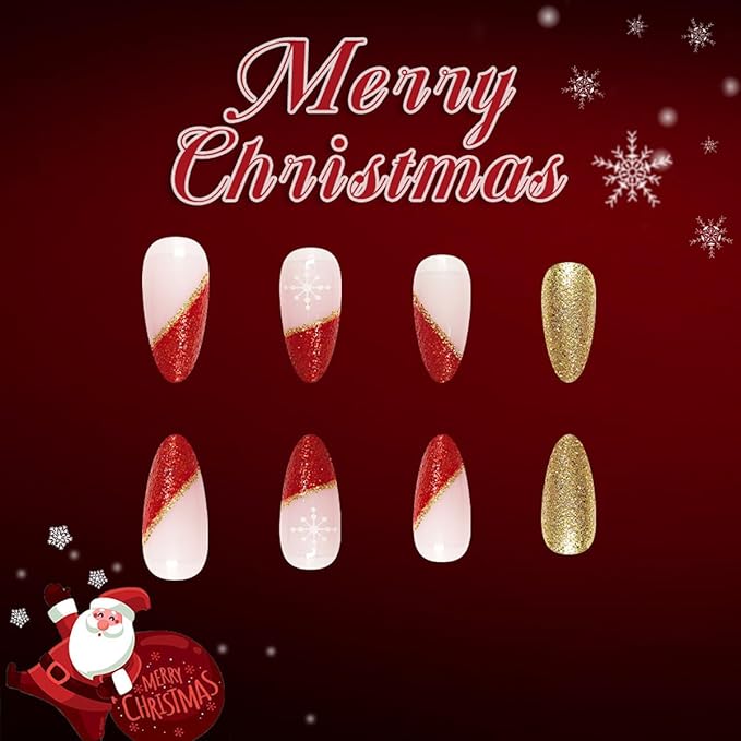 Christmas Nails Press ons Red French Tip Fake Nails Medium Almond False Nail Artificial Acrylic Glossy Full Cover Gold Glitter Glue on Nail Snowflakes Stick on Nail for Women Xmas Manicure 24Pcs