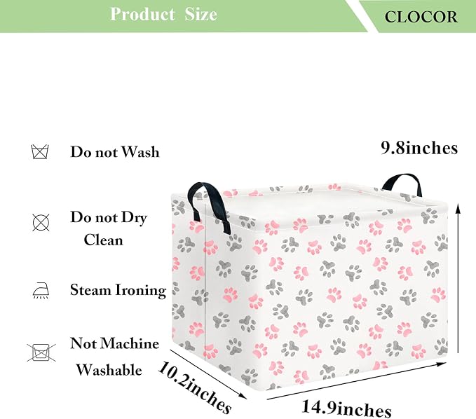 CLOCOR Rectangular Storage Basket Empty,Gift Basket,Waterproof Storage Bin with Handles,Room Decor(Pink Paw)