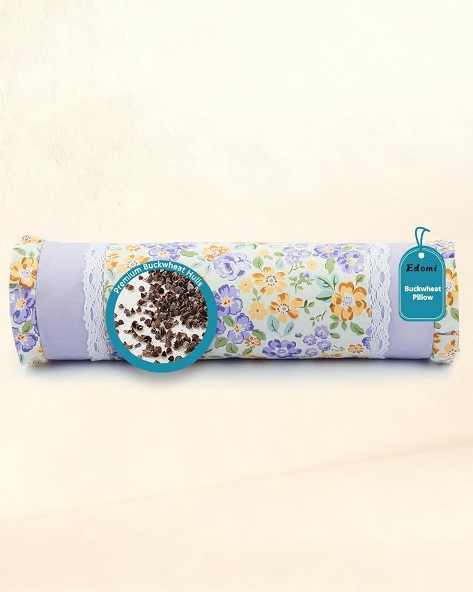 Neck Pillow for Sleeping - Buckwheat Hull Pillow Adjustable Cervical Roll Pillow 15.7" x4.7”, Cylinder Pillow for Neck Support, Round Neck Pillow Bolster with Removable Cover, Purple