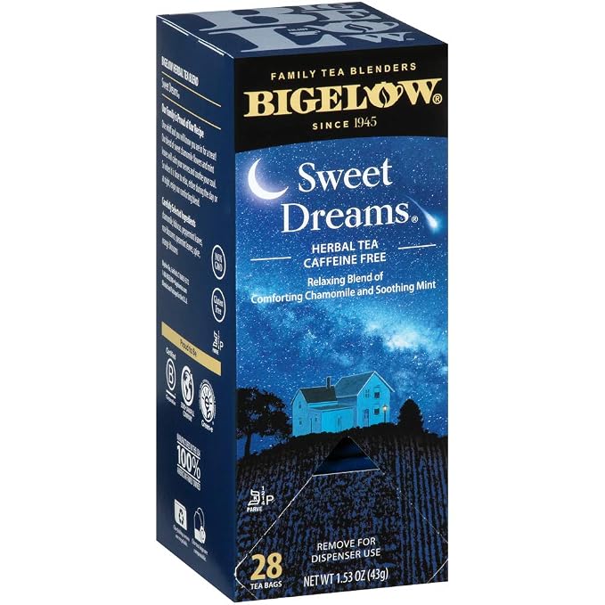 Bigelow Sweet Dreams Herbal Tea 28-Count Box (Pack of 1) Relaxing Blend of Chamomile & Mint Caffeine-Free Nighttime Herbal Tea in Individual Foil-Wrapped Bags