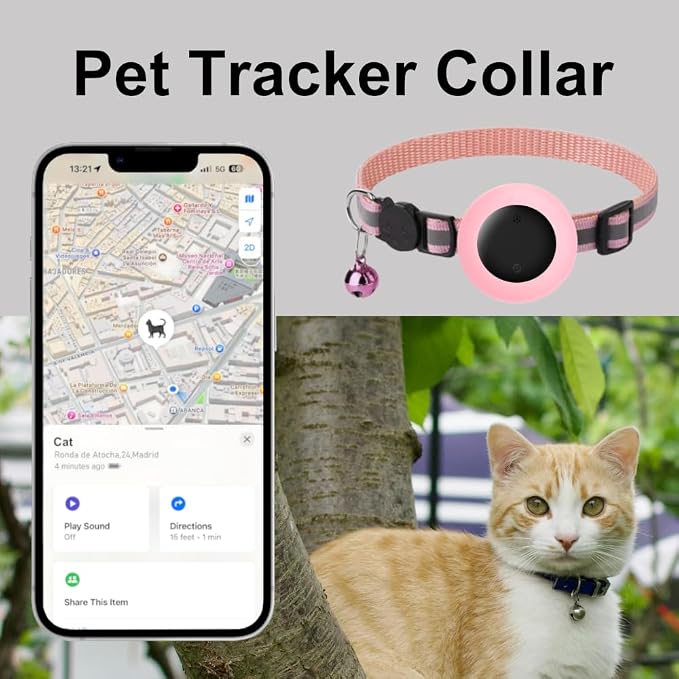 Cat Tracker Collar, Cat Collar with Finder Tag (iOS ONLY), Compatible with Apple Find My, No Monthly Fee, Cat Collar Waterproof (Pink)
