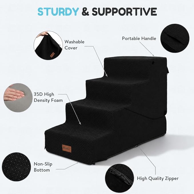 5-Step Dog Stairs and Ramp for Small Dogs and Cats, Pet Steps for High Bed with Non-Slip Bottom, Black