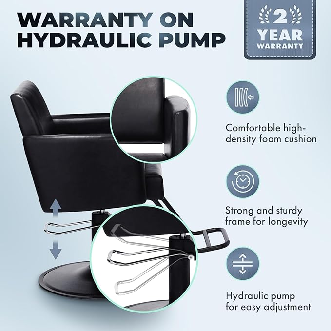 Buy-Rite Onyx Modern Black Hair Stylist Chair for Professional Salons, Open Back, Inclined Seat, Rounded Arms, Premium Vinyl Upholstery, Durable Steel Frame & Footrest, NIN-6610