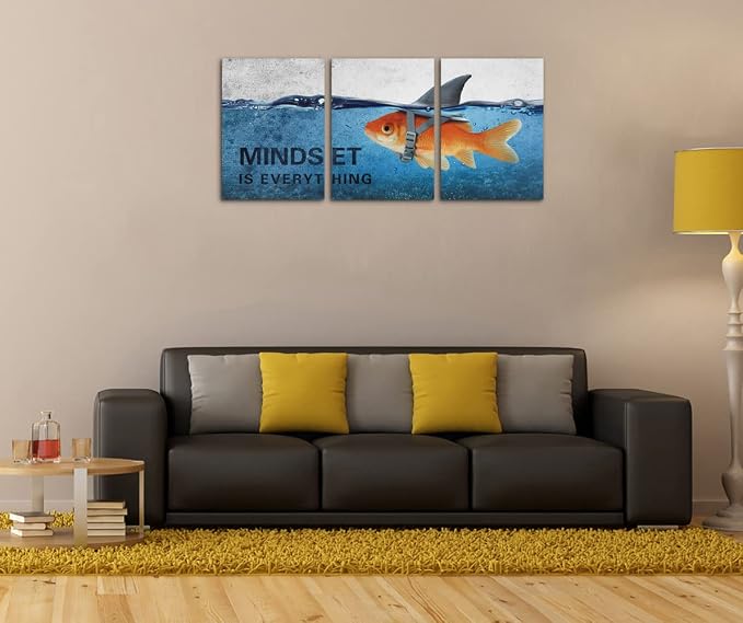 3 Panels Modern Framed Inspirational Canvas Wall Art Goldfish Body Strong Shark Heart Mindset is Everything Motivational Wooden Decor Posters for Office Gym Classroom Home Decoration(60''W x 28''H)