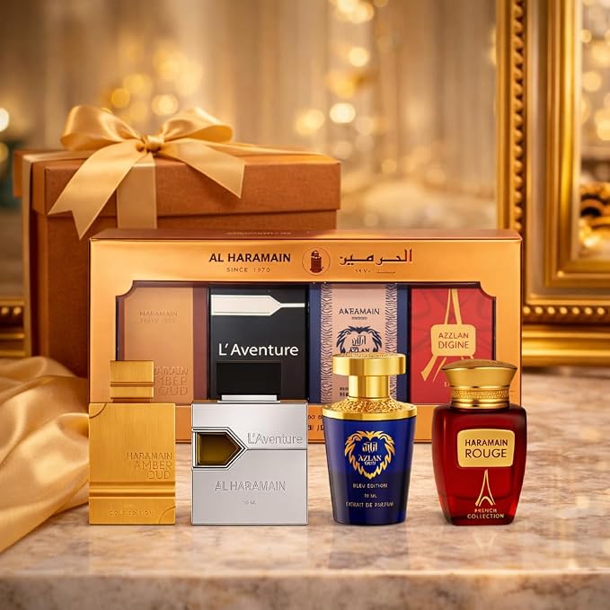 Al Haramain Fragrance Discovery Set for Men & Women – 4×10ml Each, (Amber Oud Gold Edition + L'aventure + Azlan Oud Amber Edition + Blanche)