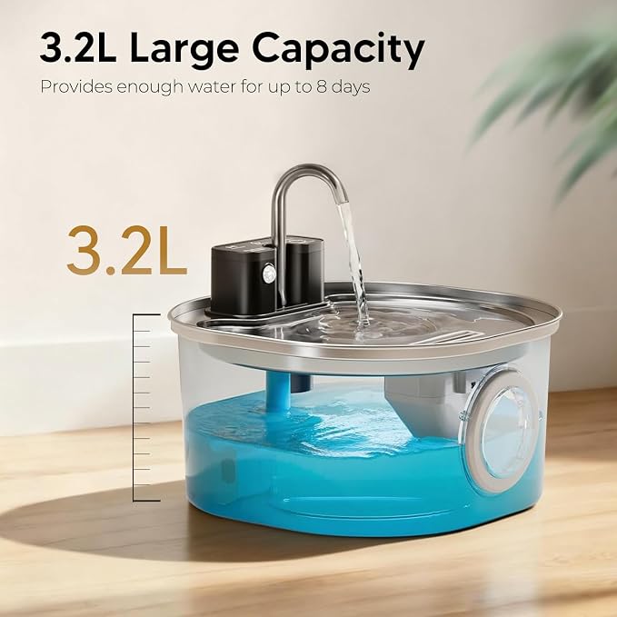 Voluas Stainless Steel Cat Water Fountain, Wireless, 108oz/3.2L, 2 Filter | Cordless Design, Ultra-Quiet Pump, Easy to Clean, BPA-Free