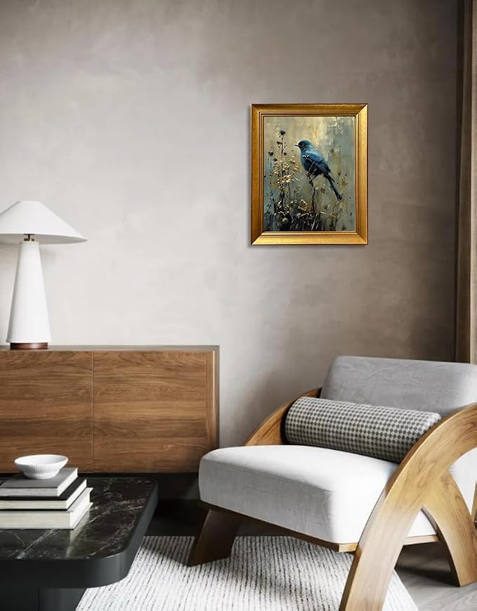 Vintage Blue Bird Painting Gold Framed Wall Art Dark Cottage Core Farmhouse Canvas Print Academia Gothic Aesthetic Moody Botanical Woodland Artworks for Bedroom Living Room Decor