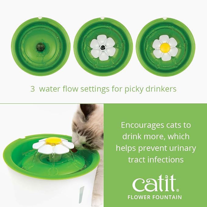 Catit Flower Fountain with Triple Action Filter, Cat Drinking Water Fountain, 3 L, Green | Cat Drinking Water Fountain
