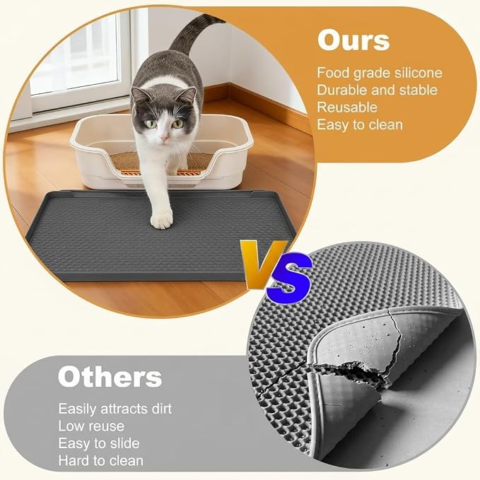 Extra Large Cat Litter Box Mat 34" x 22" – Waterproof Silicone Litter Trapper, Non-Slip, Easy to Clean Floor Protector, Soft on Kitty Paws(Dark Gray)