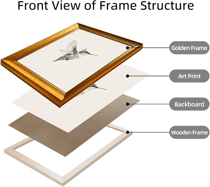 Hummingbird Sketch Wall Art Vintage Gold Framed Artworks for Wall Bird Nursery Canvas Print Neutral Minimalist Picture Painting Bedroom Living Room Decor
