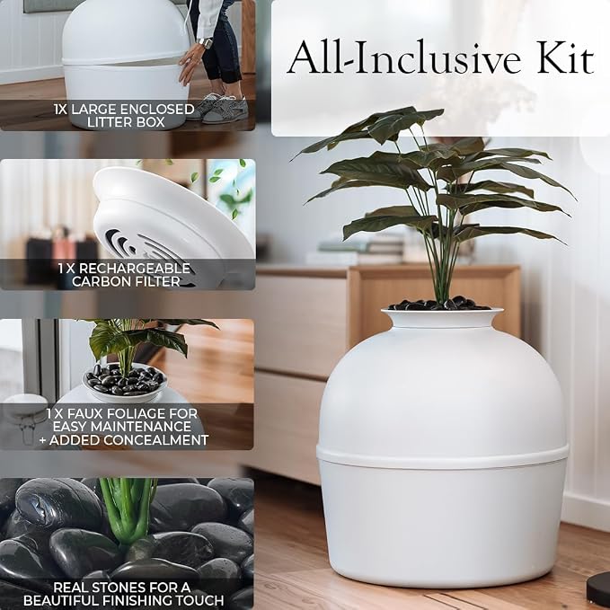 Secret Litter Box by Bundle & Bliss - Hidden Litter Box Enclosure, Patented Design with Odor Control, Includes Faux Plant, Carbon Filter and Real Stones Vivid White