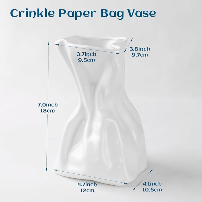 Paper Bag Vase for Flower, Unique Crinkle Design White Ceramic Vase, Flower Vase for Aesthetic Home Decor, Wedding Dinner Table Party Christmas Decorative